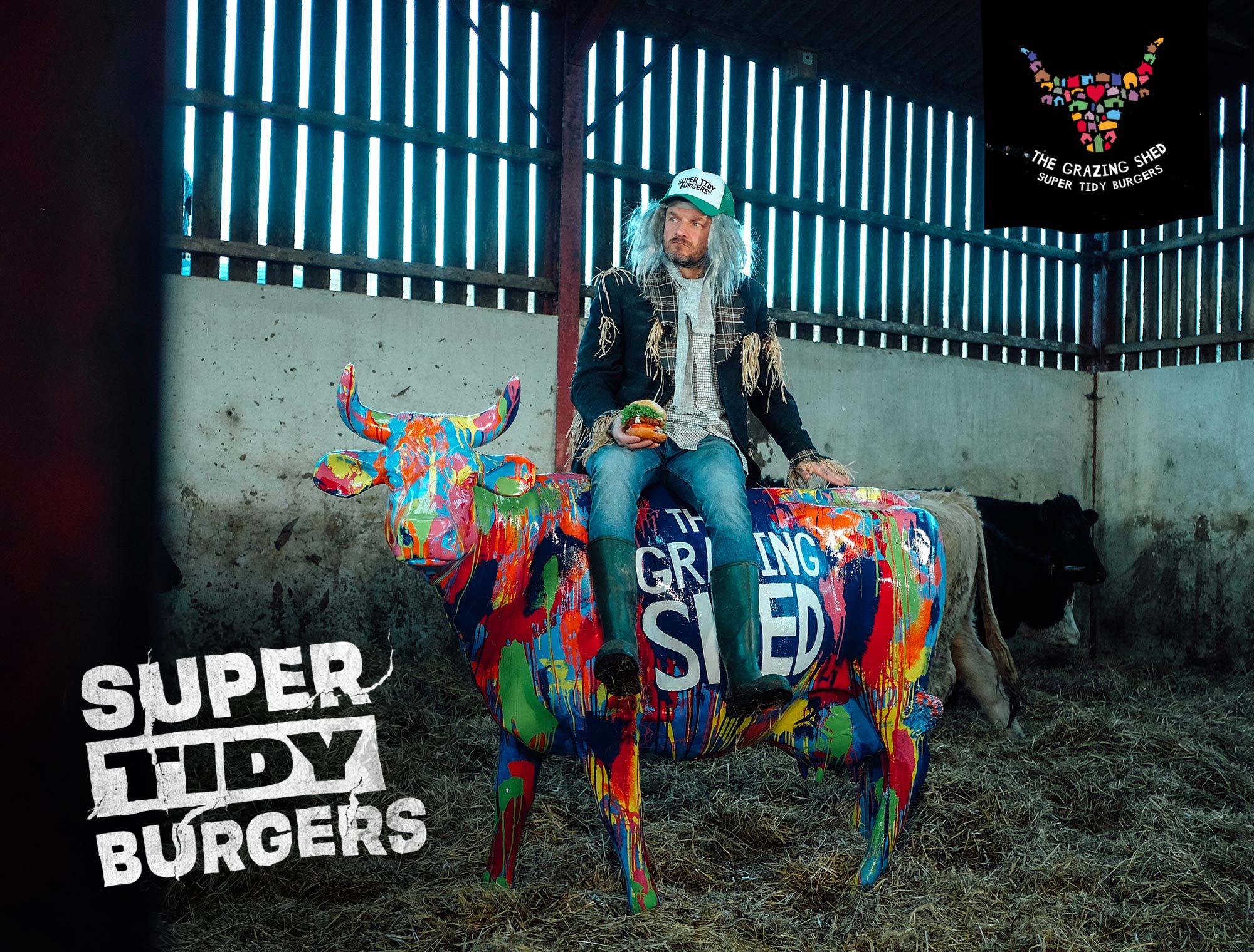 grazing shed cardiff cow art design pritchard vegan dirty sanchez veganuary burger logo